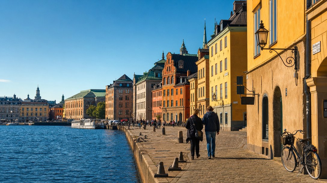 Stockholm's Gamla Stan old town waterfront in bright midday light