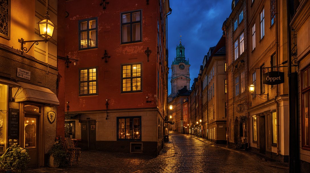 Stockholm's Gamla Stan old town at dusk with warm lit windows