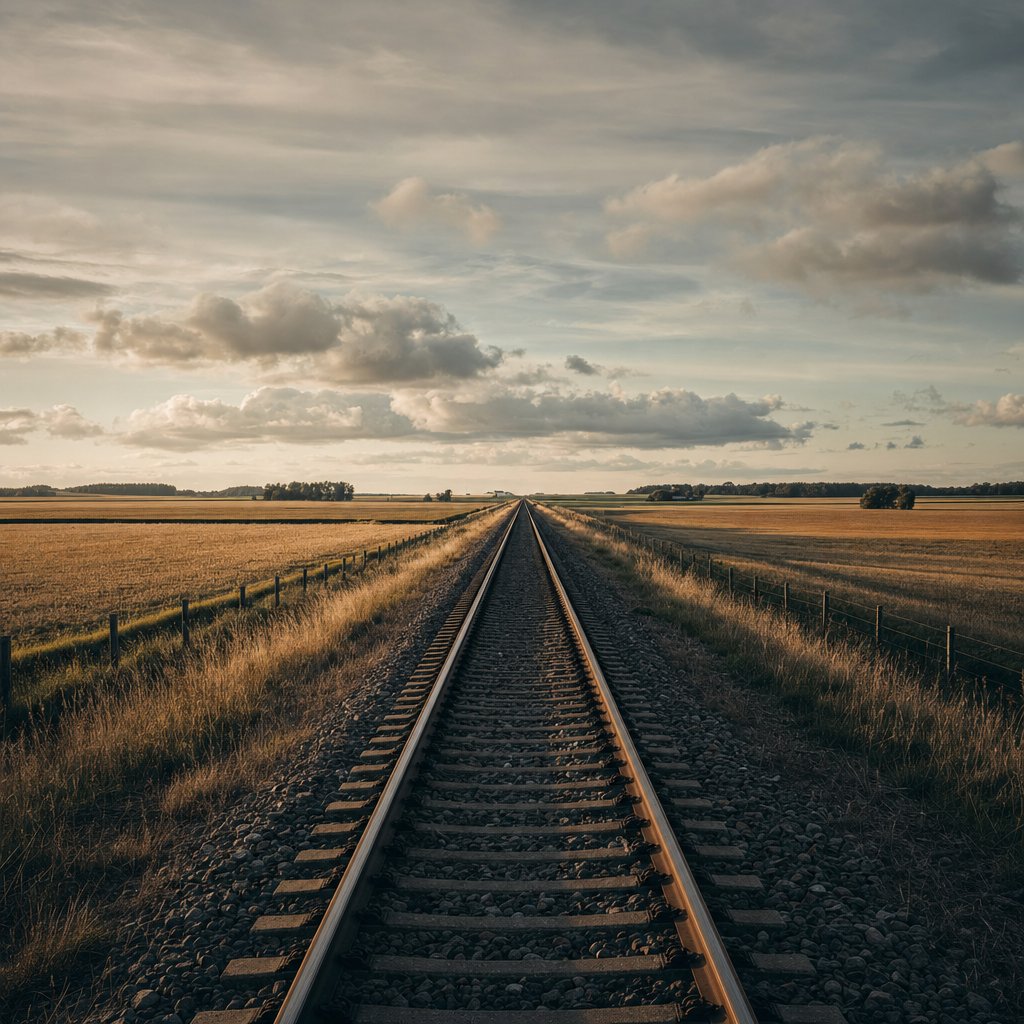 A single railway track stretching into the distance across open Scandinavian countryside