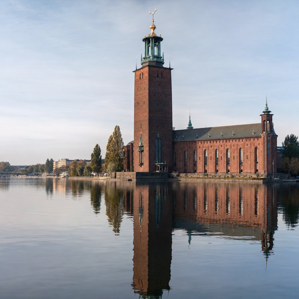 Stockholm City Hall (Stadshuset) reflected in the waterfront