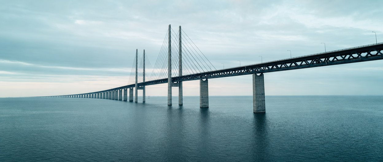 View of the Øresund Bridge connecting Denmark and Sweden over the Baltic Sea