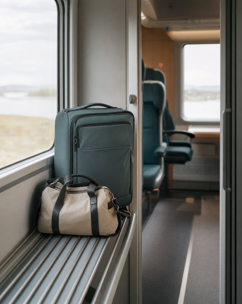 Suitcase and travel bag on a train luggage rack, soft natural light