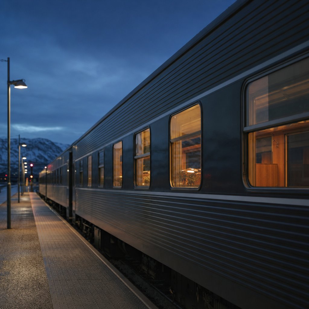 Snälltåget overnight sleeper train at a platform at dusk